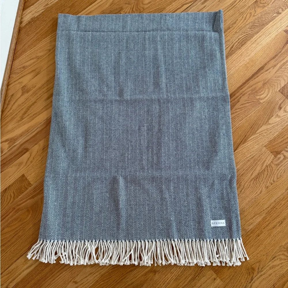 Sferra Navy Herringbone Throw Blanket with Fringe